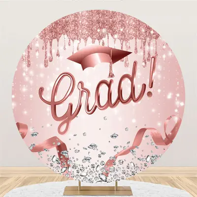Aperturee Pink Glitter And Diamonds Round Happy Grad Backdrop | Graduation Backdrop Banner | Graduation Party Backdrop | Grad...