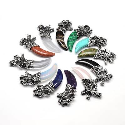 Tusk Shape with Dragon Antique Silver Zinc Alloy Natural & Synthetic Mixed Stone Big Pendants