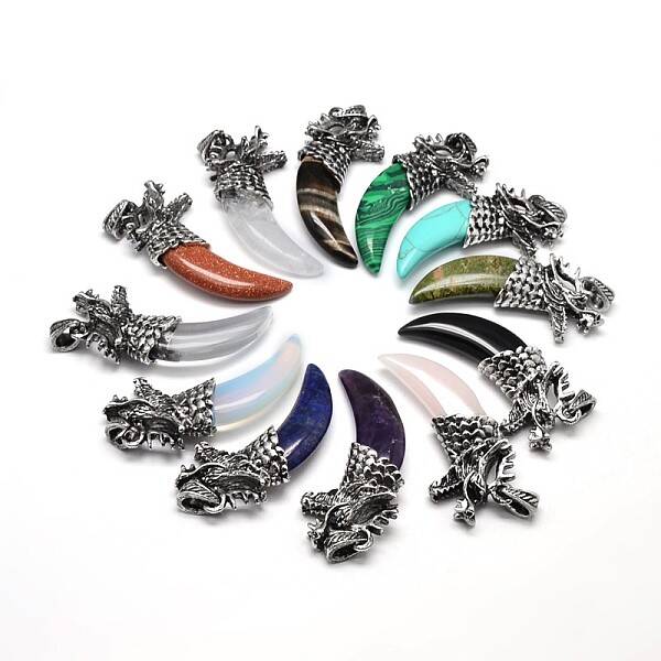 Tusk Shape with Dragon Antique Silver Zinc Alloy Natural & Synthetic Mixed Stone Big Pendants