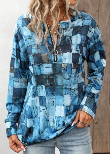 Modlily Denim Blue Zipper Geometric Print Long Sleeve Sweatshirt - M