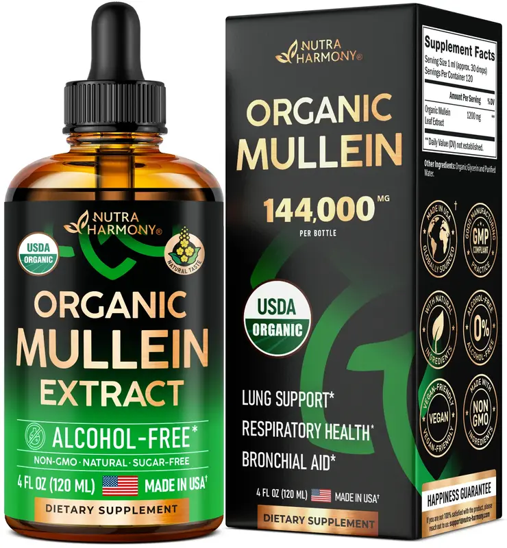 USDA Organic Mullein Leaf Extract Drops for Lung Support - Made in USA Supplement - Respiratory Health Support -  Natural lun...