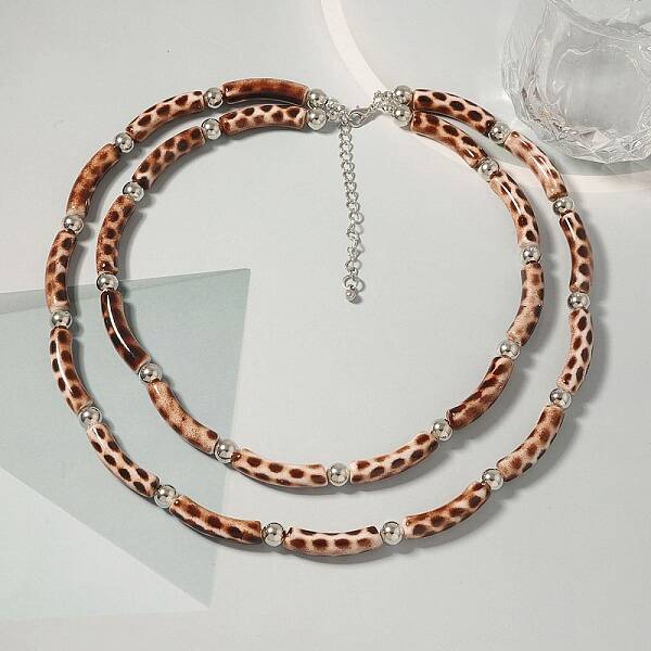 Plastic & Resin Leopard Skin Print Curved Tube Double Layer Necklaces for Women