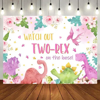 Dinosaur Eggs Floral Leaves 2nd Birthday Backdrop - Aperturee