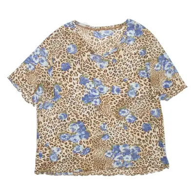 Sheer Floral Womens Printed Top Brown V-Neck Animal Print L