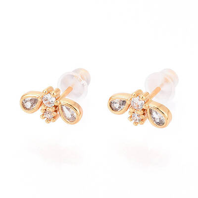 Bees Brass Micro Pave Clear Cubic Zirconia Stud Earrings