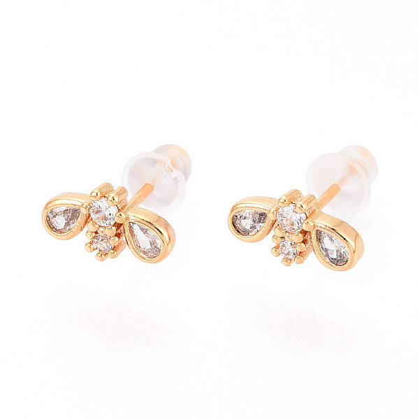 Bees Brass Micro Pave Clear Cubic Zirconia Stud Earrings