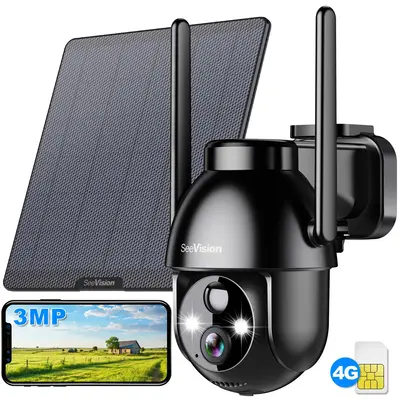 Seevision 4G LTE for No WiFi Solar Security Cameras Wireless Outdoor 3MP 2K Camera , PIR Motion Detection,Siren,Color Night V...