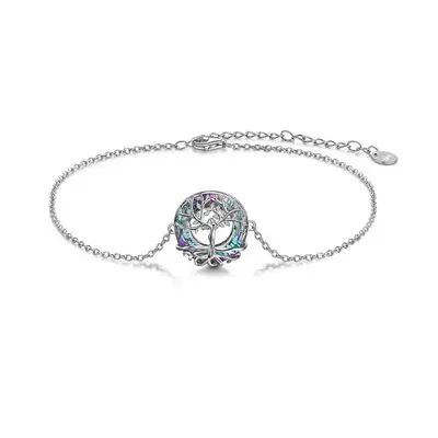 Sterling Silver Circular Shaped Crystal Tree Of Life Charm Bracelet