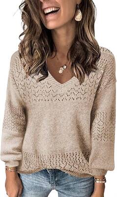 Womens Sweaters 2025 Fall V Neck Long Sleeve Hollow Knit Pullover Sweaters for Women