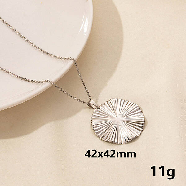 Vintage Stainless Steel Geometric Flat Round Pendant Necklace for Women
