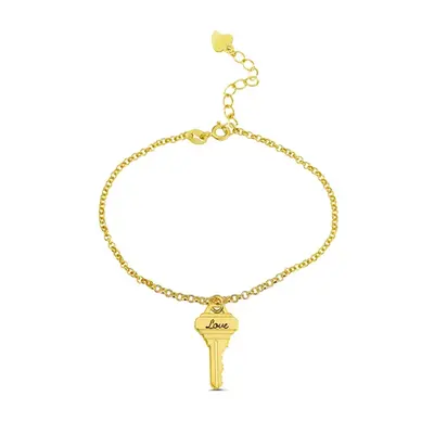14K Gold Key Charm Bracelet with Engraved Word