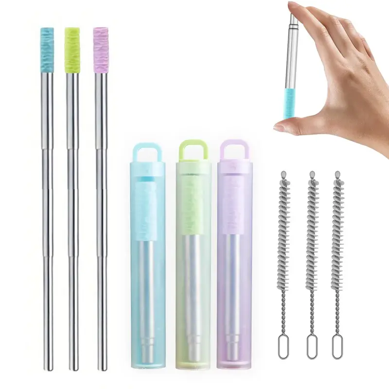 Reusable Straw Set, 3 Sets Including 3 Counts Portable Metal Straw & 3 Counts Cases & 3 Counts Brushes, Event Party Gifts