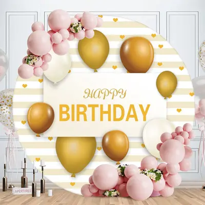 Aperturee Gold With White Ballons Round Happy Birthday Backdrop