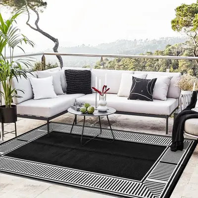 Garvee Waterproof Reversible Outdoor Rug 8x10ft – Black and White Geometric Plastic Mat, UV Resistant, Easy to Clean, Colla...