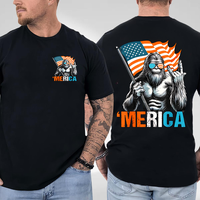 Bigfoot America T-Shirt, Funny Patriotic Tee Featuring Sasquatch Holding Flag & Throwing a Hand Gesture, Lighthearted America...