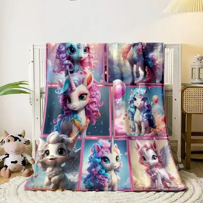 Unicorn Print Blanket, 1 Count Cozy Bedroom Accessories Soft Warming Bedding for Office, Comfortable Rest Blanket for Air-con...
