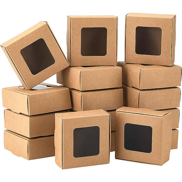 BENECREAT 28 Packs 8.5x8.5x3.5cm Kraft Paper Box with Clear Windows