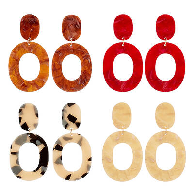 4 Pairs 4 Colors Hollow Oval Acrylic Dangle Stud Earrings for Women