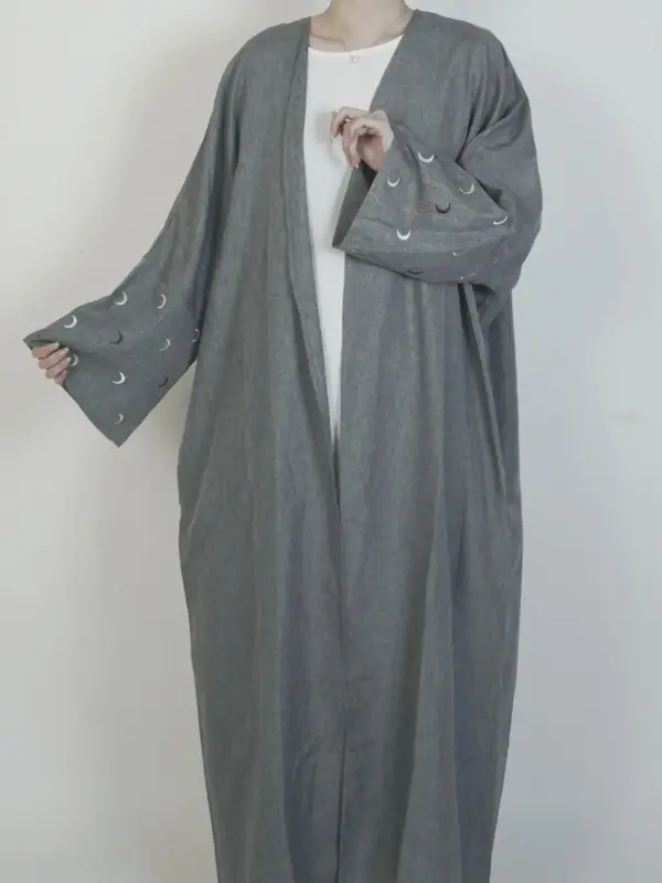 Arabic Clothing-Women's Moon Embroidery Drop Shoulder Abaya, Arabic Clothing, Elegant Long Sleeve V Neck Abaya for Spring, Fa...