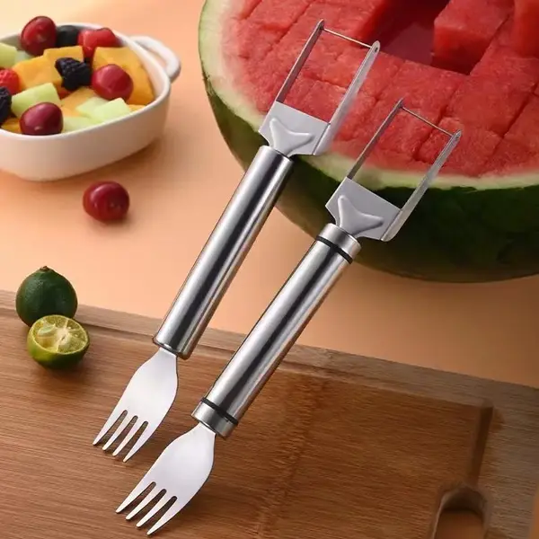 【2 Pack】Watermelon Fork Slicer Cutter Slicer Tool, 2-in-1 Stainless Steel Fruit Cutter, Dual Head Fruit Forks Slicer Knif...