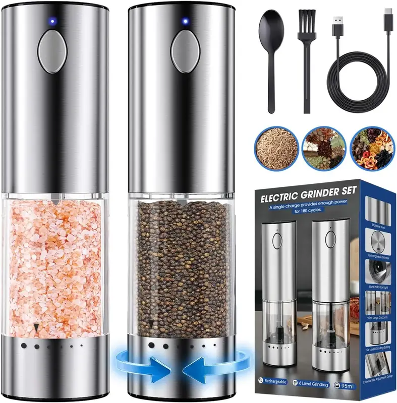 HomeHacks 2 Pack Electric Salt and Pepper Grinder Set2025 New Update,Tpyc charging with LED Light,AdjustableCoarseness,Large ...