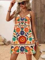 Women's Floral Print V Neck Cami Dress, Boho Fashion Casual Dress for Beach Holiday Vacation, Ladies Dress for Summer