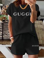 Two-Piece Set Women's Letter Print Short Sleeve Tee & Skinny Shorts, Casual Round Neck T-Shirt & Shorts for Daily Wear, Ladie...
