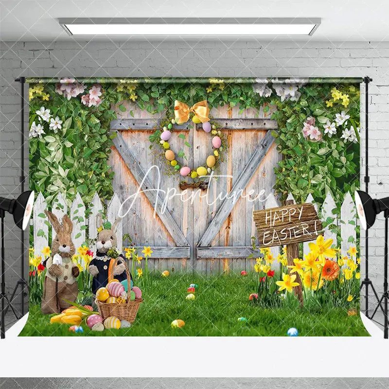 Aperturee Barn Door Fence Eggs Bunny Spring Easter Backdrop, 3X2FT(1MX0.6M), 14 USD, easter backdrops, ZH0G851-M