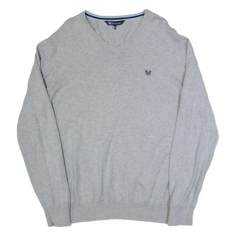 CREW CLOTHING Mens Jumper Grey V-Neck Tight Knit 2XL