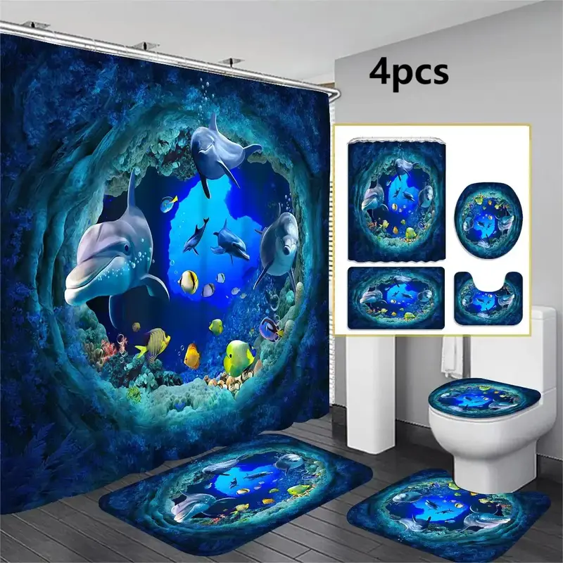 Marine Life Pattern Bathroom Decor Set, 1 Count Shower Curtain Or 4 Counts/set Shower Curtain & Toilet Mat Set, Bathroom Acce...