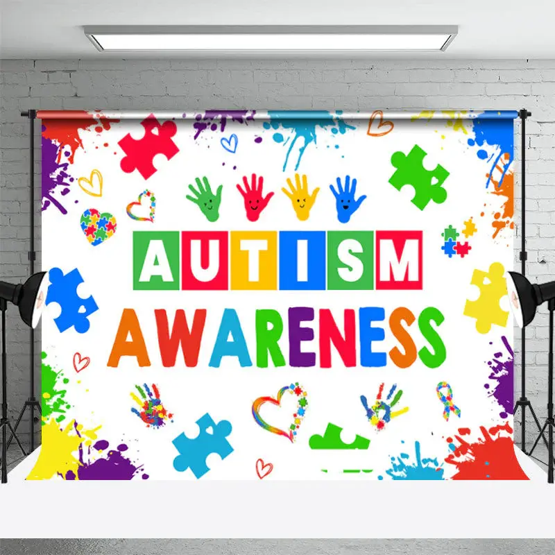 Colorful Ink Hand Print Autism Awareness Backdrop - Aperturee