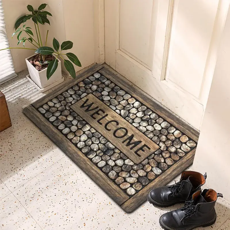 1 Piece Non-slip Bathroom Mat, Welcome & Pebble Print Door Mat, Foot Pad for Indoor Living Room Bedroom Bathroom Kitchen