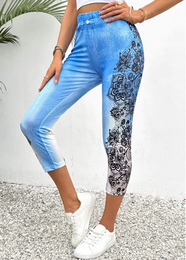 Modlily Light Blue Floral Print Skinny Elastic Waist Pants - XL