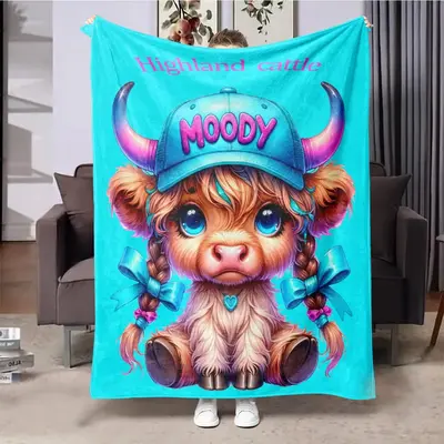 Highland Cow Print Flannel Blanket, 1 Count Soft Warm Comfortable Throw Blanket, Multifunctional Blanket for Home Office Trav...