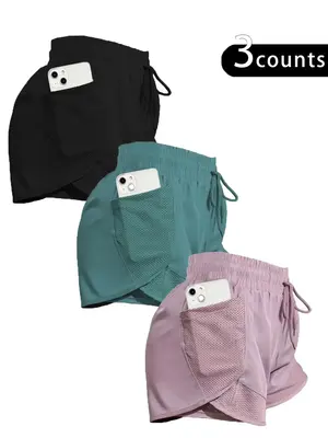 Women's 2 in 1 Drawstring High Waist Sports Shorts, Casual Pocket Elastic Waist Bottoms for Running Gym Workout, Ladies Sport...