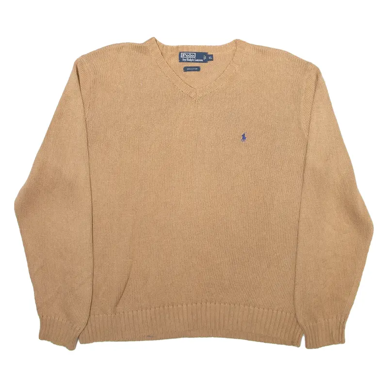 POLO RALPH LAUREN Mens Jumper Brown V-Neck Tight Knit XL