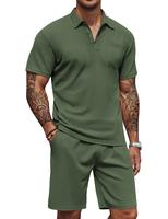 COOFANDY Men's Waffle Knit Polo Shirt and Shorts Set 2 Pieces Outfits Summer Suit Casual Tracksuit with Pockets