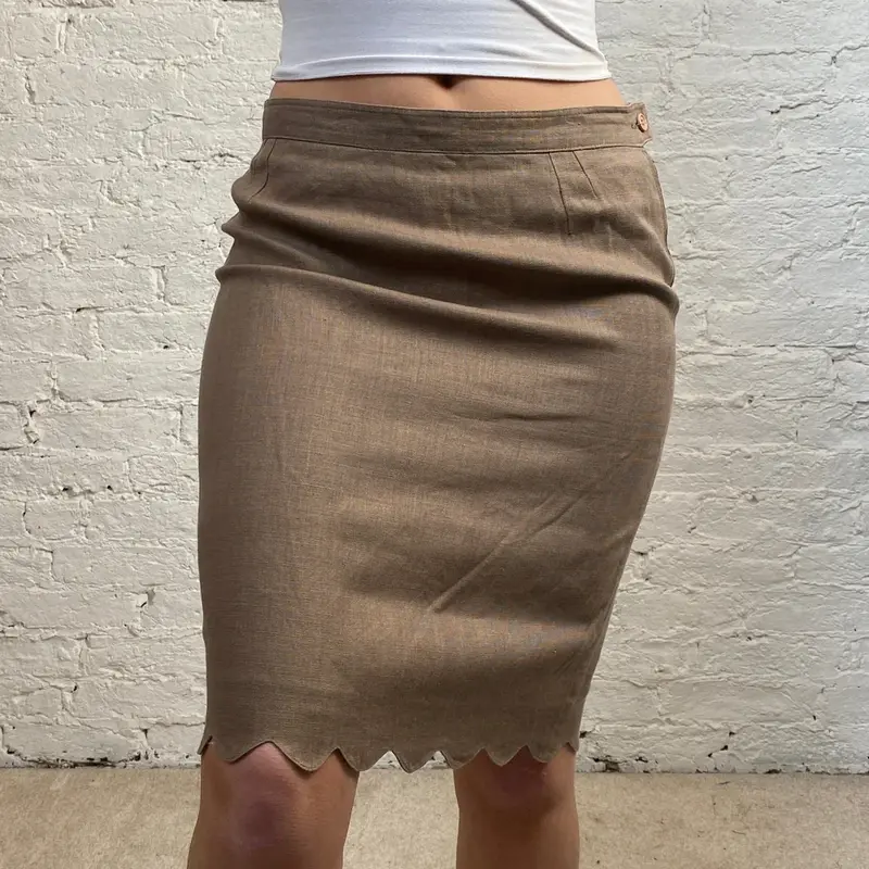 Valentino Midi Skirt - 31W UK 12 Brown Linen Blend