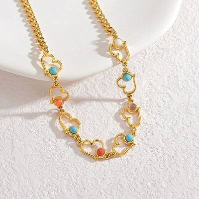 Bohemian 304 Stainless Steel & Dyed Colorful Synthetic Turquois Link Chain Necklaces for Women