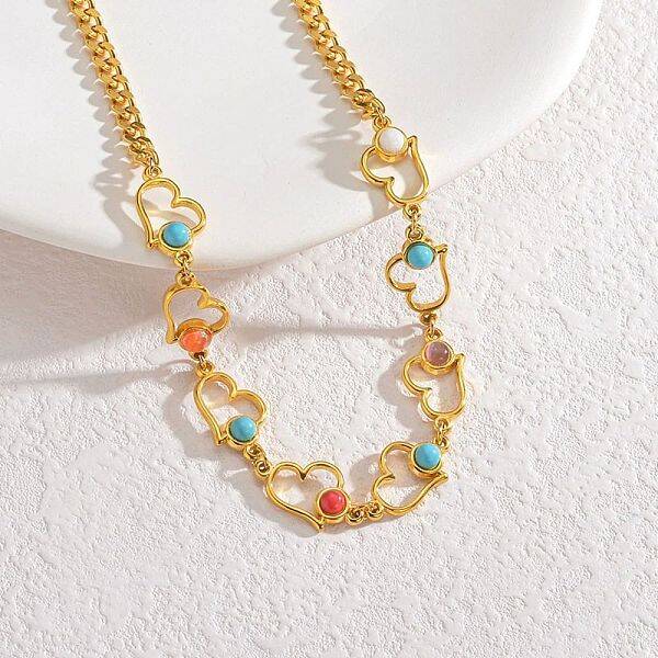 Bohemian 304 Stainless Steel & Dyed Colorful Synthetic Turquois Link Chain Necklaces for Women