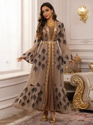 New Hot Selling Embroidered Fashion High-End Party Dress Set, Abaya Set Arabic Turkish Women's Long Sleeve Maxi Dress