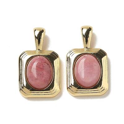 Brass Pave Natural Rhodonite Rectangle Pendants