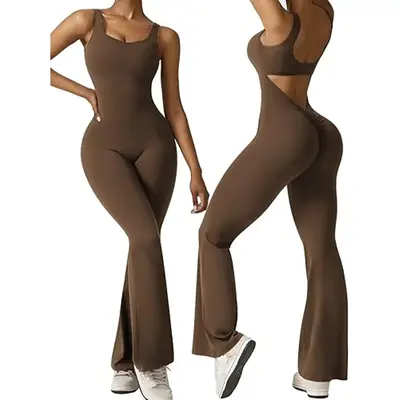 Women's Plain Cut Out Sports Jumpsuit, Sporty Square Neck Ruched Flare Leg Jumpsuit, Sports Fitness Bodysuit Jumpsuit for Wom...