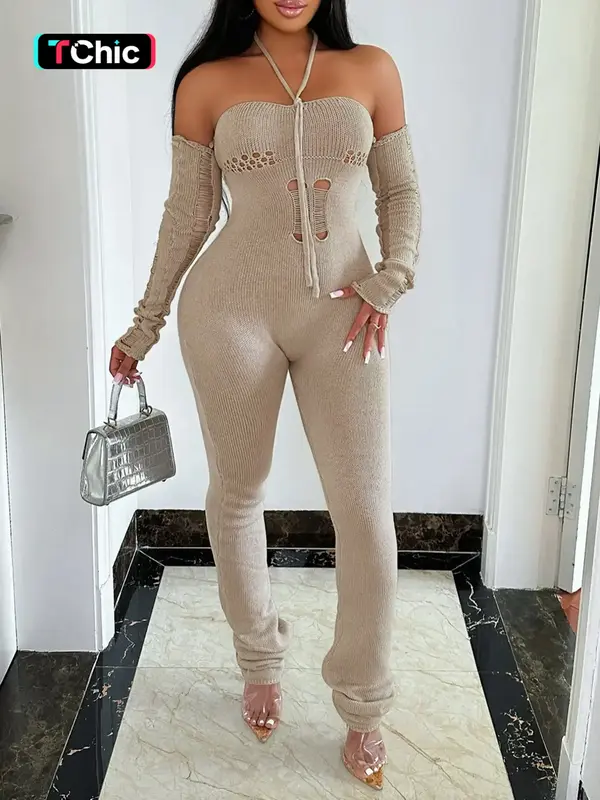 Women's Ripped Backless Lace Up Halter Jumpsuit, Solid Long Sleeve Jumpsuit For Fall, Fashion Ladies' Clothes For Party Club,...