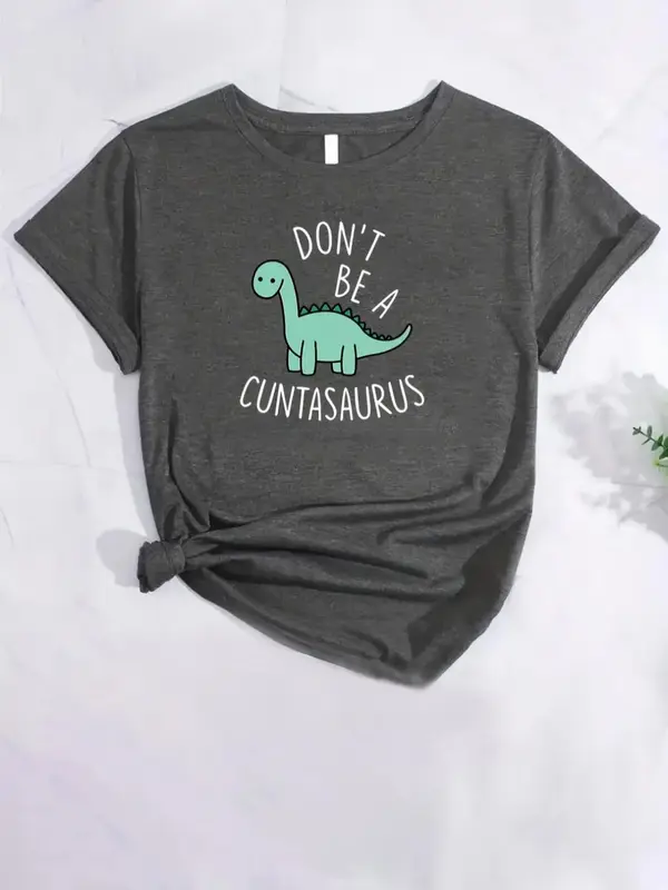 Women's Dinosaur & Letter Print Short Sleeve Tee, Summer Clothes Women, Casual Graphic T-Shirt for Summer, Women's Top