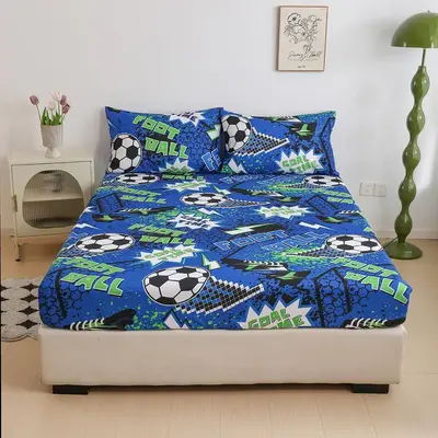 Football Print Fitted Sheet & Pillowcase without Filler, 1 Count Fitted Sheet & 1/2counts Pillowcase, Modern Soft Comfortable...