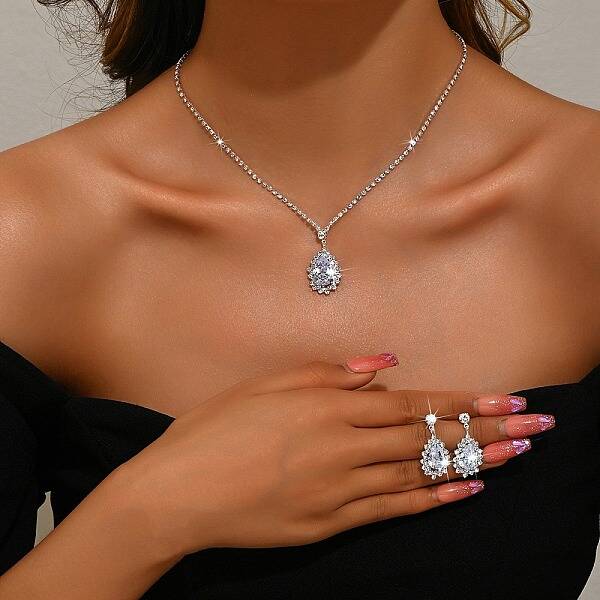Teardrop Brass Rhinestone Stud Earrings & Pendant Necklaces Set for Women