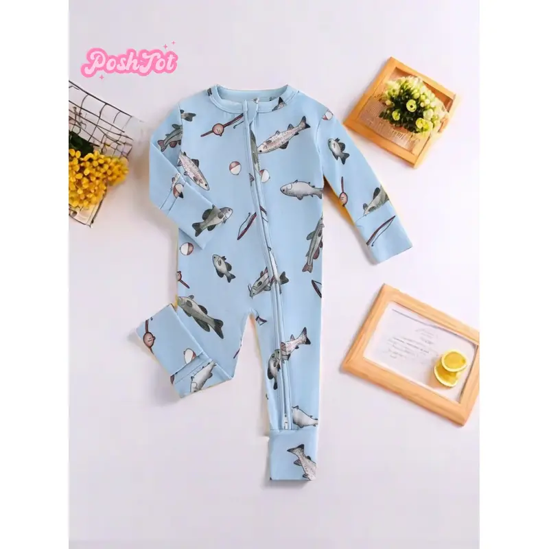 POSHTOT Blue Fish 220gsm bamboo fiber breathable bamboo baby short sleeve zipper romper bodysuit,. Easy 2-way zipper, convert...