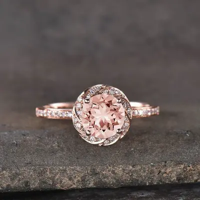 Natural Morganite Diamond Rose Gold Vintage Engagement Ring Women