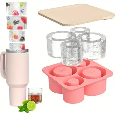 Cup Shaped Ice Cube Mold with Lid, 4-grid Silicone Ice Cube Mold, Reusable Ice Cube Maker for Home Kitchen, Containers